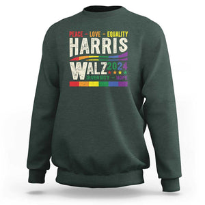 Harris Walz 2024 Sweatshirt Peace Love Equality Hope Diversity Vintage LGBT Rainbow Flag TS11 Dark Forest Green Print Your Wear