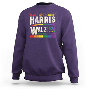 Harris Walz 2024 Sweatshirt Peace Love Equality Hope Diversity Vintage LGBT Rainbow Flag TS11 Purple Print Your Wear