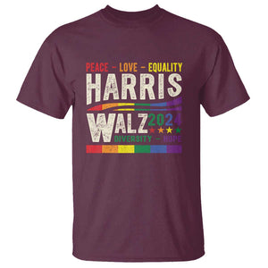 Harris Walz 2024 T Shirt Peace Love Equality Hope Diversity Vintage LGBT Rainbow Flag TS11 Maroon Print Your Wear