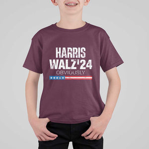 Harris Walz'24 Obviously T Shirt For Kid American Flag Kamala For President Election TS11 Maroon Print Your Wear