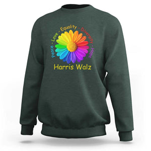 Harris Walz 2024 Sweatshirt Peace Love Equality Diversity Hope Rainbow Flower TS11 Dark Forest Green Print Your Wear