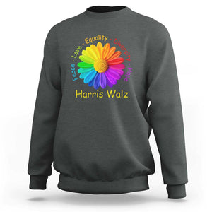 Harris Walz 2024 Sweatshirt Peace Love Equality Diversity Hope Rainbow Flower TS11 Dark Heather Print Your Wear