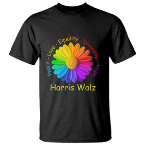 Harris Walz 2024 T Shirt Peace Love Equality Diversity Hope Rainbow Flower TS11 Black Print Your Wear