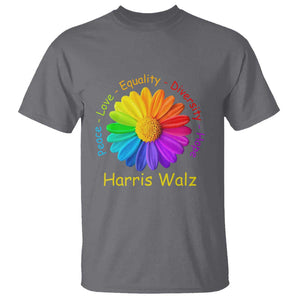 Harris Walz 2024 T Shirt Peace Love Equality Diversity Hope Rainbow Flower TS11 Charcoal Print Your Wear