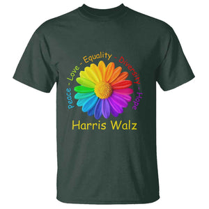 Harris Walz 2024 T Shirt Peace Love Equality Diversity Hope Rainbow Flower TS11 Dark Forest Green Print Your Wear