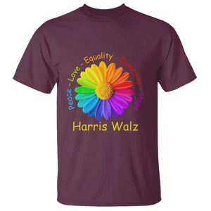 Harris Walz 2024 T Shirt Peace Love Equality Diversity Hope Rainbow Flower TS11 Maroon Print Your Wear