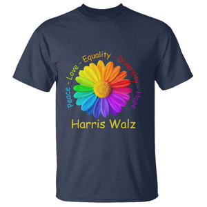 Harris Walz 2024 T Shirt Peace Love Equality Diversity Hope Rainbow Flower TS11 Navy Print Your Wear