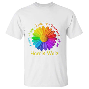 Harris Walz 2024 T Shirt Peace Love Equality Diversity Hope Rainbow Flower TS11 White Print Your Wear