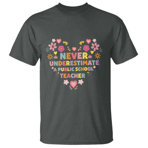 Harris Walz Supporter T Shirt Never Underestimate A Public School Teacher Flower Heart TS11 Dark Heather Print Your Wear