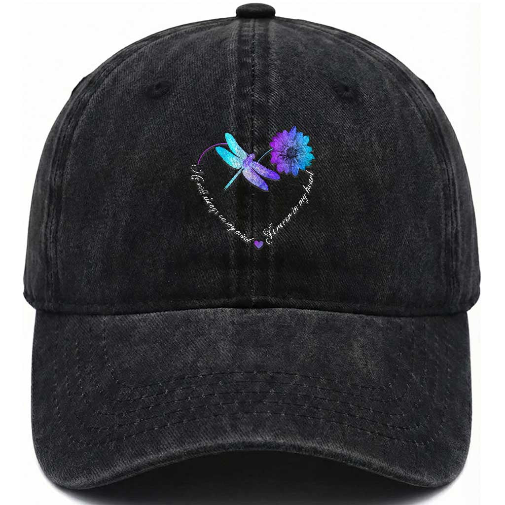 Suicide Prevention Awareness Washed Cotton Baseball Cap He Will Always On My Mind Forever In My Heart Dragonfly Flower TS11 Print Your Wear