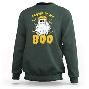 Funny Trump Supporter 2024 Sweatshirt Trump Is My Boo Halloween Ghost Bat Blond Hair TS11 Dark Forest Green Print Your Wear