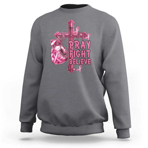 Breast Cancer Awareness Sweatshirt Pray Fight Believe Boxing Glove Cross Pink Ribbon TS11 Charcoal Print Your Wear