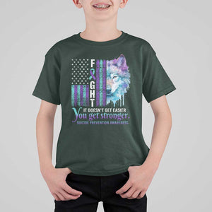 Suicide Prevention Awareness T Shirt For Kid Fight It Doesn't Get Easier You Get Stronger Wolf American Flag TS11 Dark Forest Green Print Your Wear