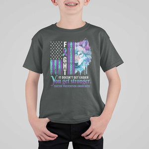 Suicide Prevention Awareness T Shirt For Kid Fight It Doesn't Get Easier You Get Stronger Wolf American Flag TS11 Dark Heather Print Your Wear