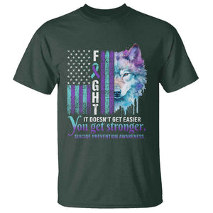 Suicide Prevention Awareness T Shirt Fight It Doesn't Get Easier You Get Stronger Wolf American Flag TS11 Dark Forest Green Print Your Wear