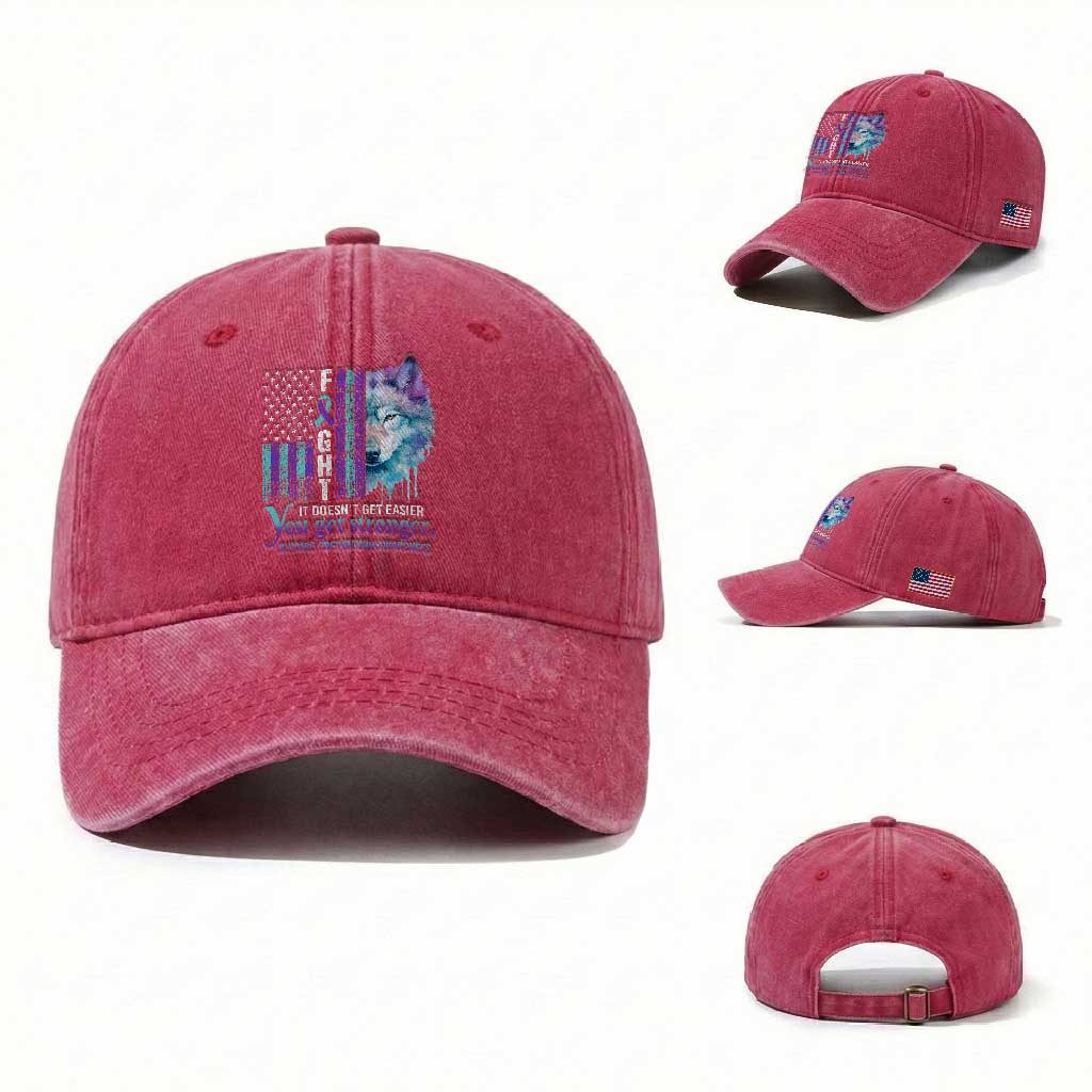 Suicide Prevention Awareness Washed Cotton Baseball Cap Fight It Doesn't Get Easier You Get Stronger Wolf American Flag TS11 Washed Cap Universal Fit Red Print Your Wear