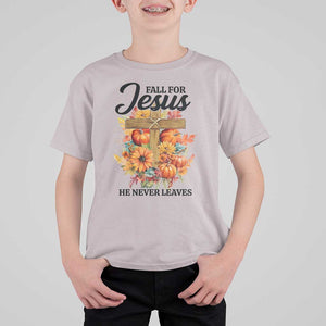 Funny Christian T Shirt For Kid Fall For Jesus He Never Leaves Thanksgiving TS11 Ice Gray Print Your Wear