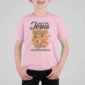 Funny Christian T Shirt For Kid Fall For Jesus He Never Leaves Thanksgiving TS11 Light Pink Print Your Wear