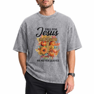 Funny Christian Washed Cotton T-Shirt Fall For Jesus He Never Leaves Thanksgiving