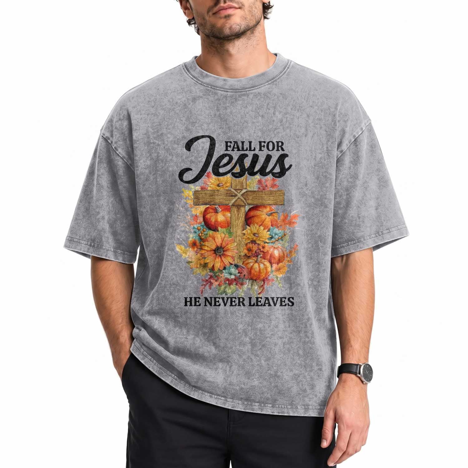 Funny Christian Washed Cotton T-Shirt Fall For Jesus He Never Leaves Thanksgiving