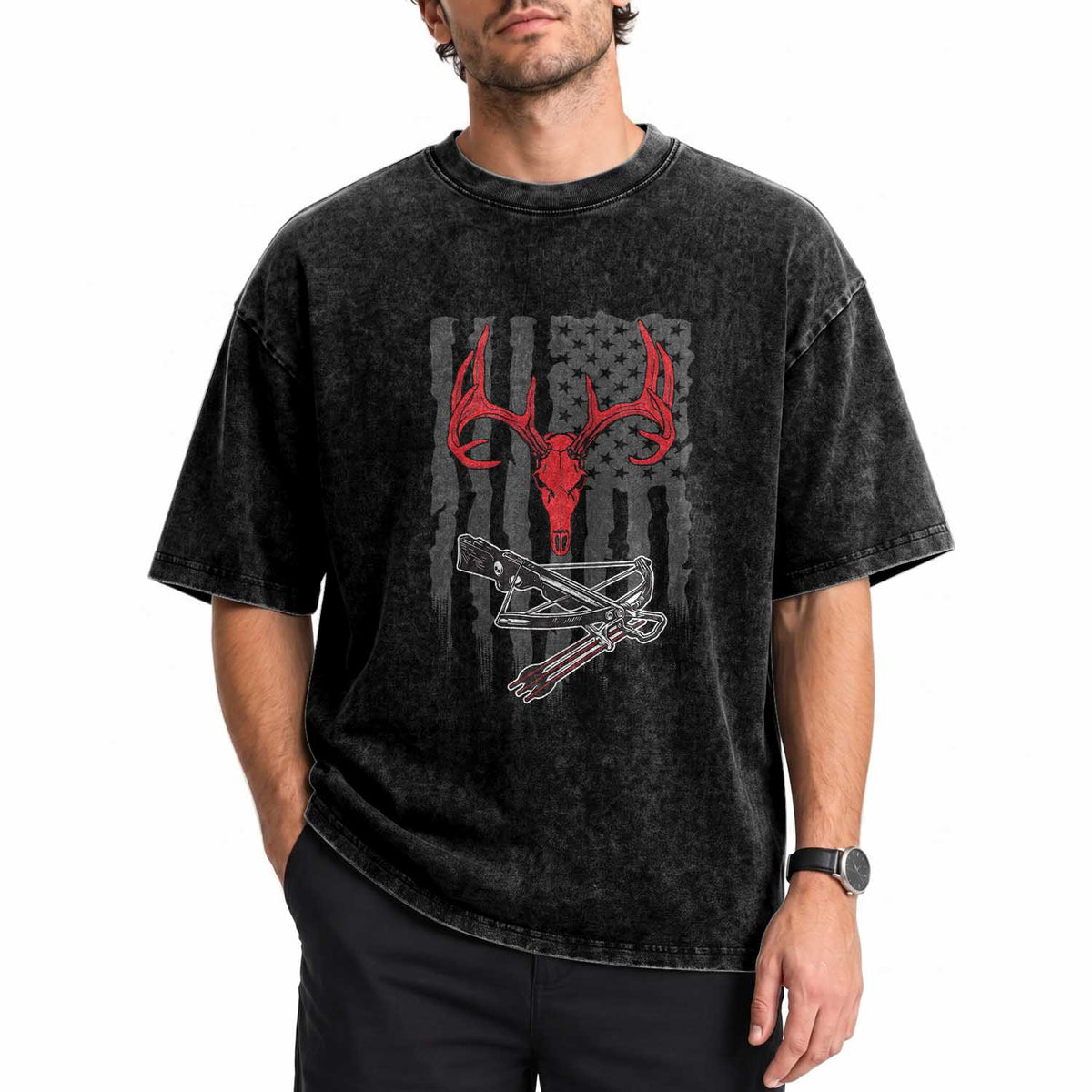 Deer Skull Compound Bow Hunting Archery American Flag Washed Cotton T-Shirt