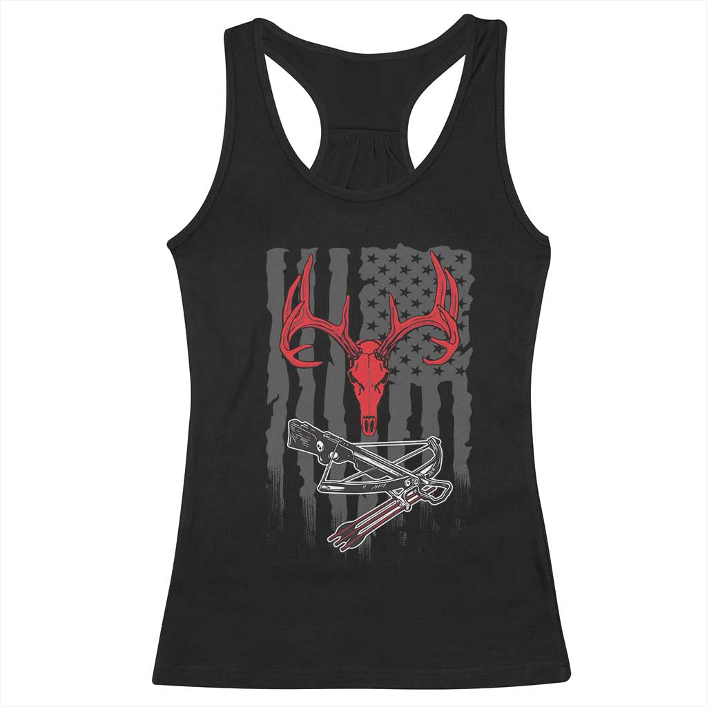 Deer Skull Compound Bow Hunting Archery American Flag Racerback Tank Top