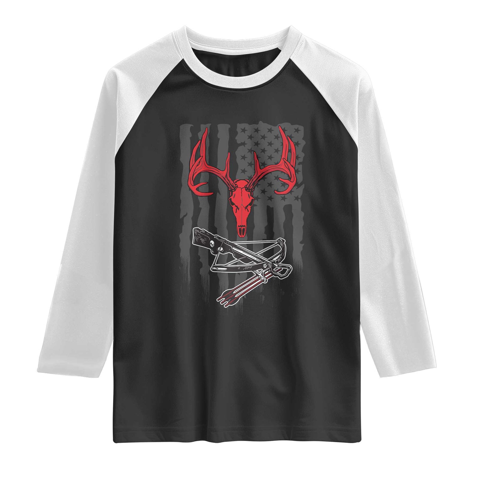 Deer Skull Compound Bow Hunting Archery American Flag Raglan Shirt