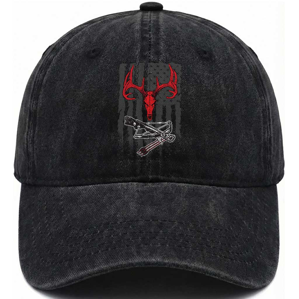 Deer Skull Compound Bow Hunting Archery American Flag Washed Cotton Baseball Cap