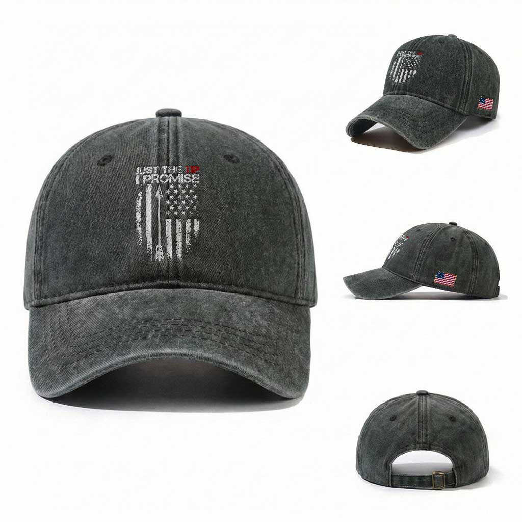 Funny Archery Hunter Washed Cotton Baseball Cap Just The Tip I Promise Vintage American Flag