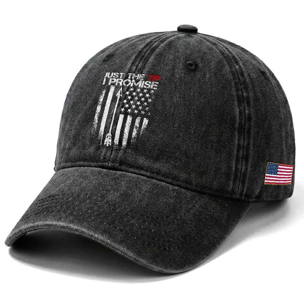 Funny Archery Hunter Washed Cotton Baseball Cap Just The Tip I Promise Vintage American Flag