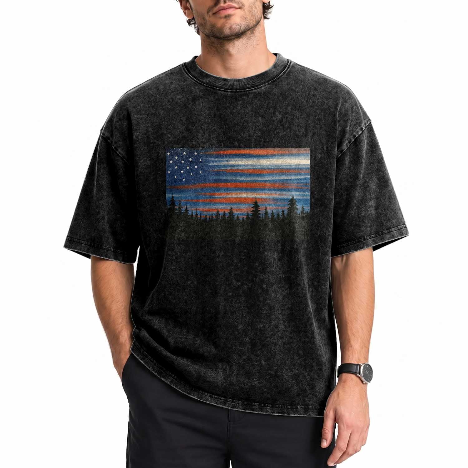 Forest Tree Wildlife Nature Outdoor American USA Flag Washed Cotton T-Shirt