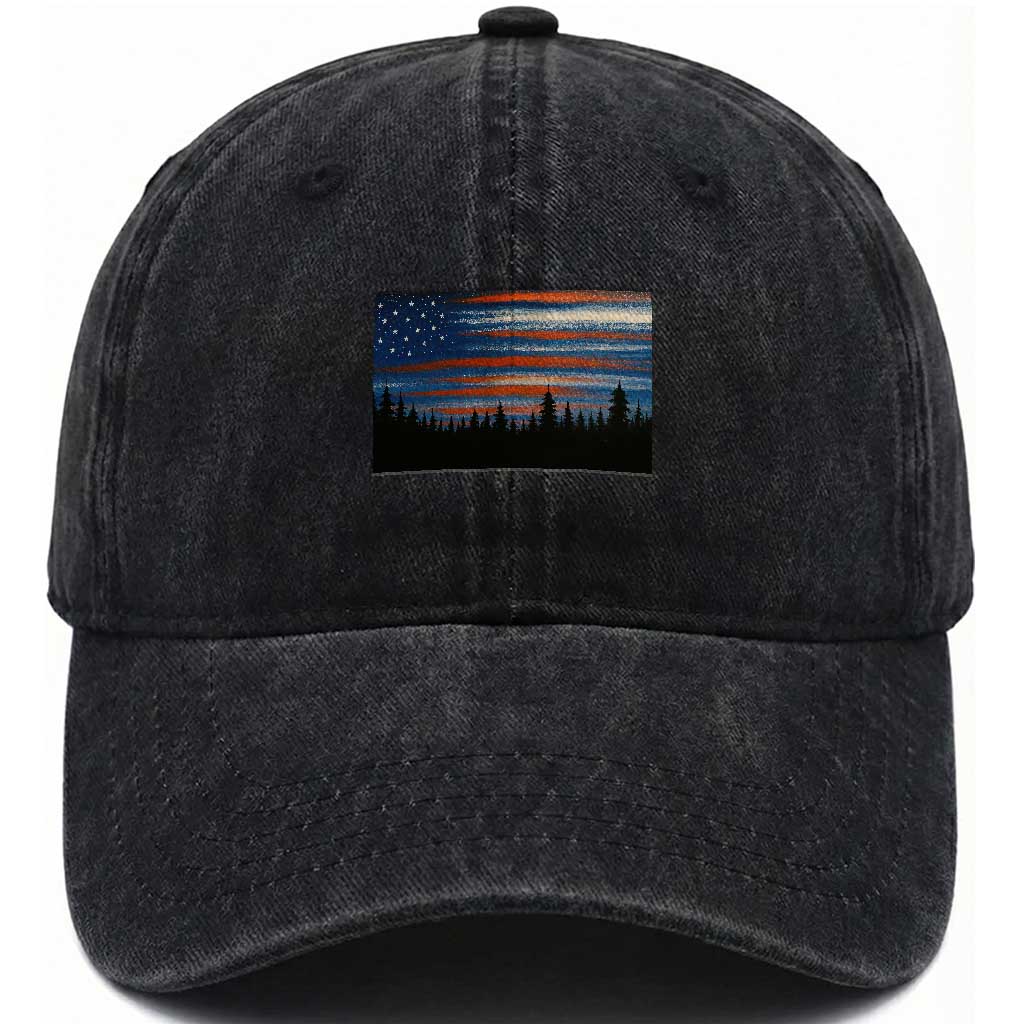 Forest Tree Wildlife Nature Outdoor American USA Flag Washed Cotton Baseball Cap