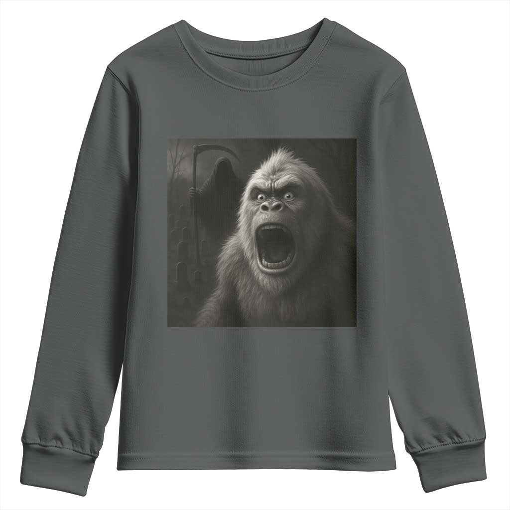 Funny Bigfoot Sasquatch Halloween The Grim Reaper Youth Sweatshirt TS11 Dark Heather Print Your Wear