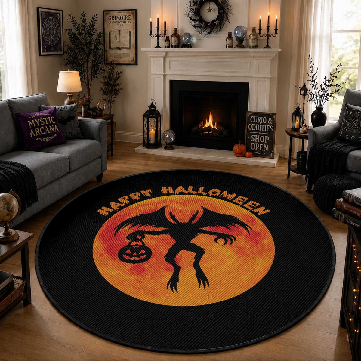 Funny Halloween Mothman Cryptid Creatures Round Rug