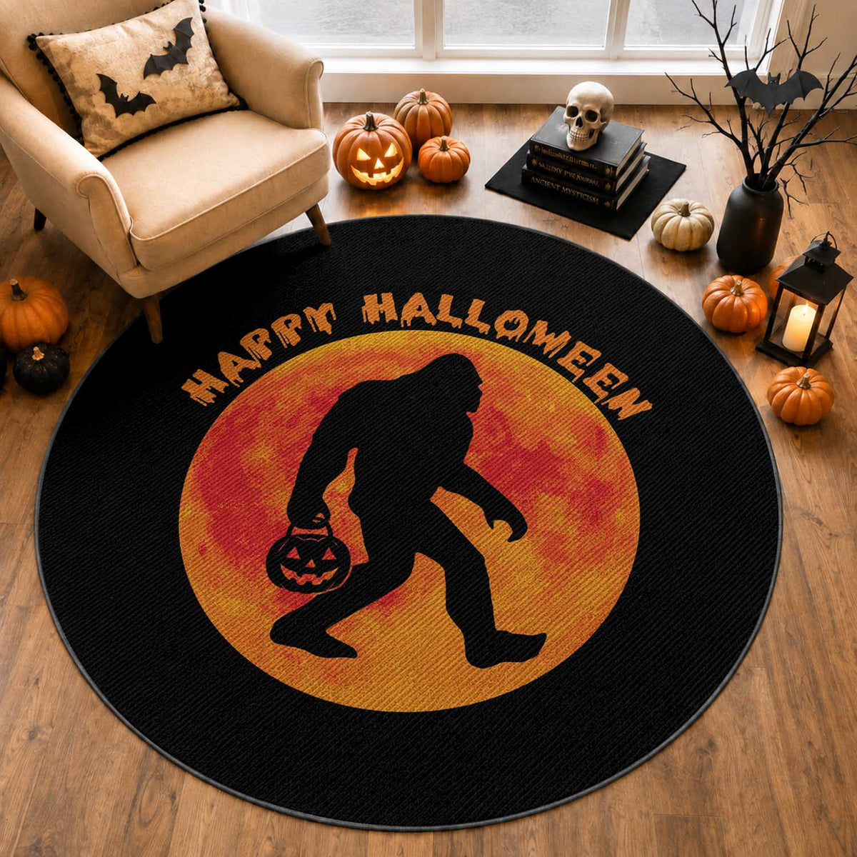 Funny Halloween Bigfoot Round Rug Sasquatch Full Moon Jack O Lantern