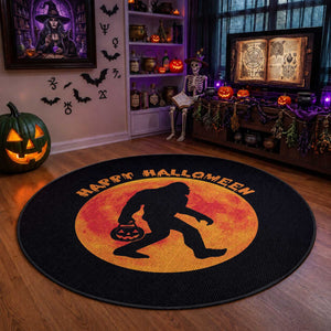 Funny Halloween Bigfoot Round Rug Sasquatch Full Moon Jack O Lantern