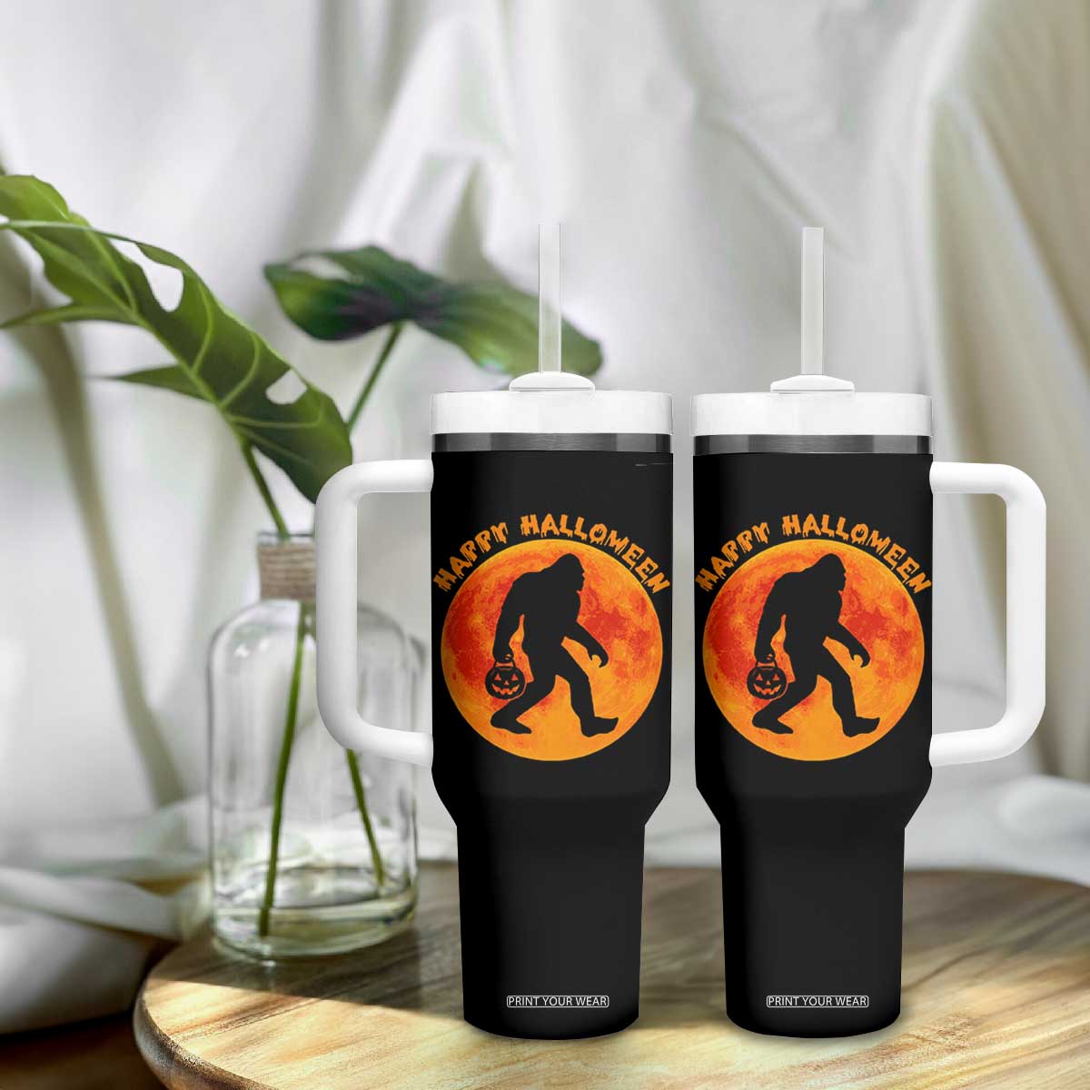 Funny Halloween Bigfoot Tumbler With Handle Sasquatch Full Moon Jack O Lantern TS11 Print Your Wear
