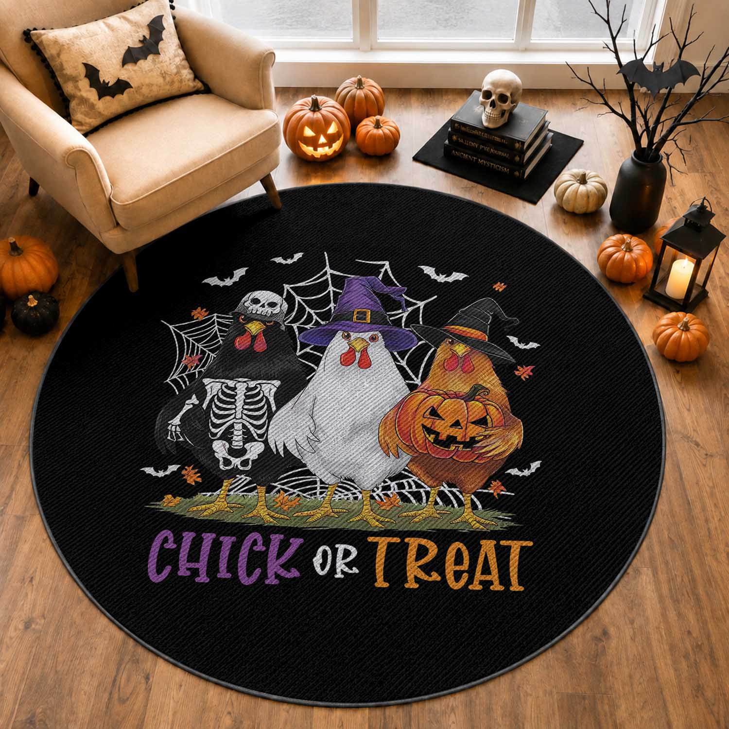 Funny Halloween Round Rug Chick Or Treat Chicken Farm Witches Skeleton