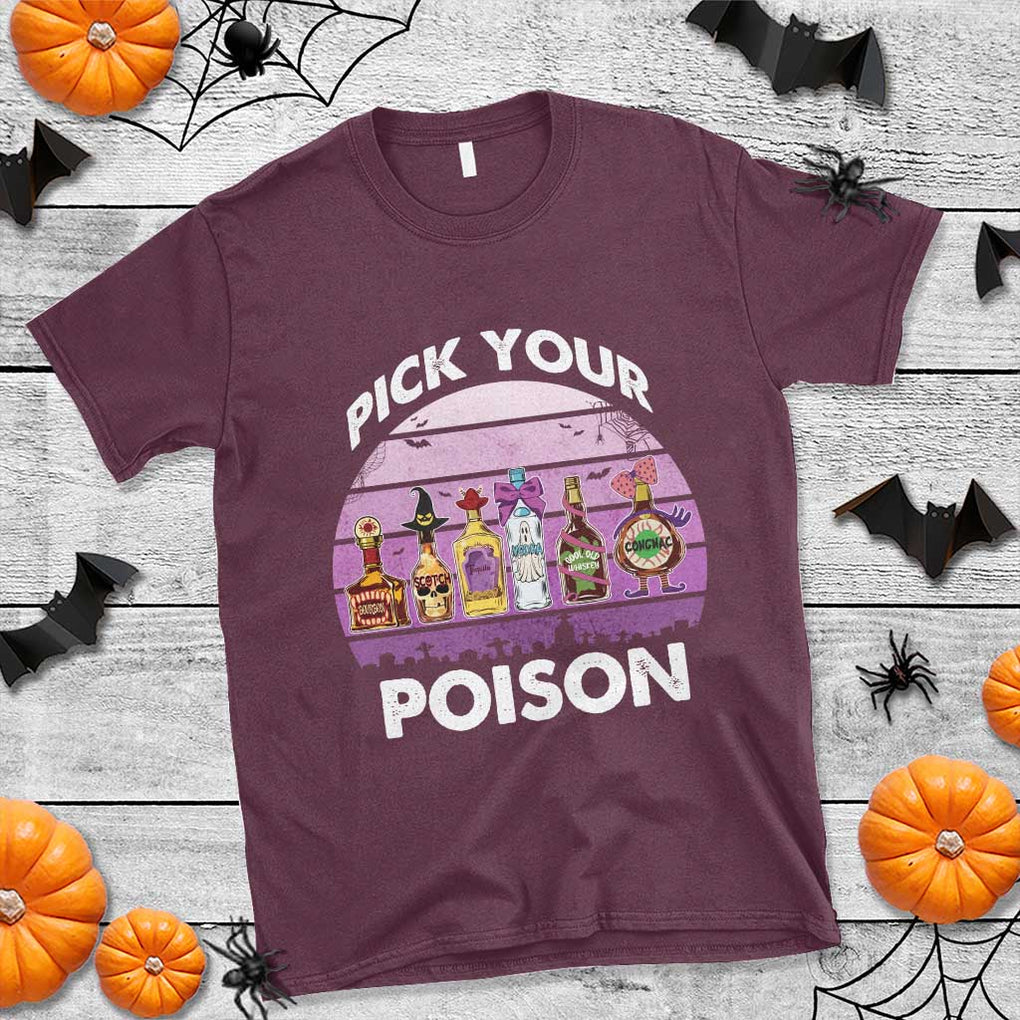 Funny Halloween T Shirt Pick Your Poison Wine Bottles Witch TS11 Maroon Print Your Wear