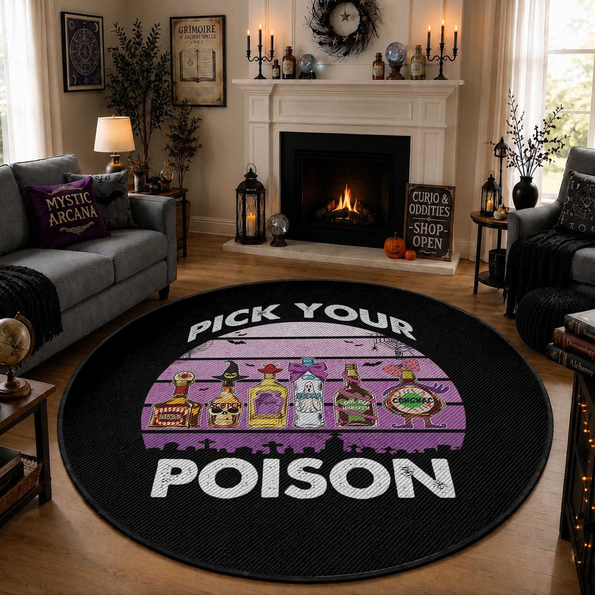 Funny Halloween Round Rug Pick Your Poison Wine Bottles Witch