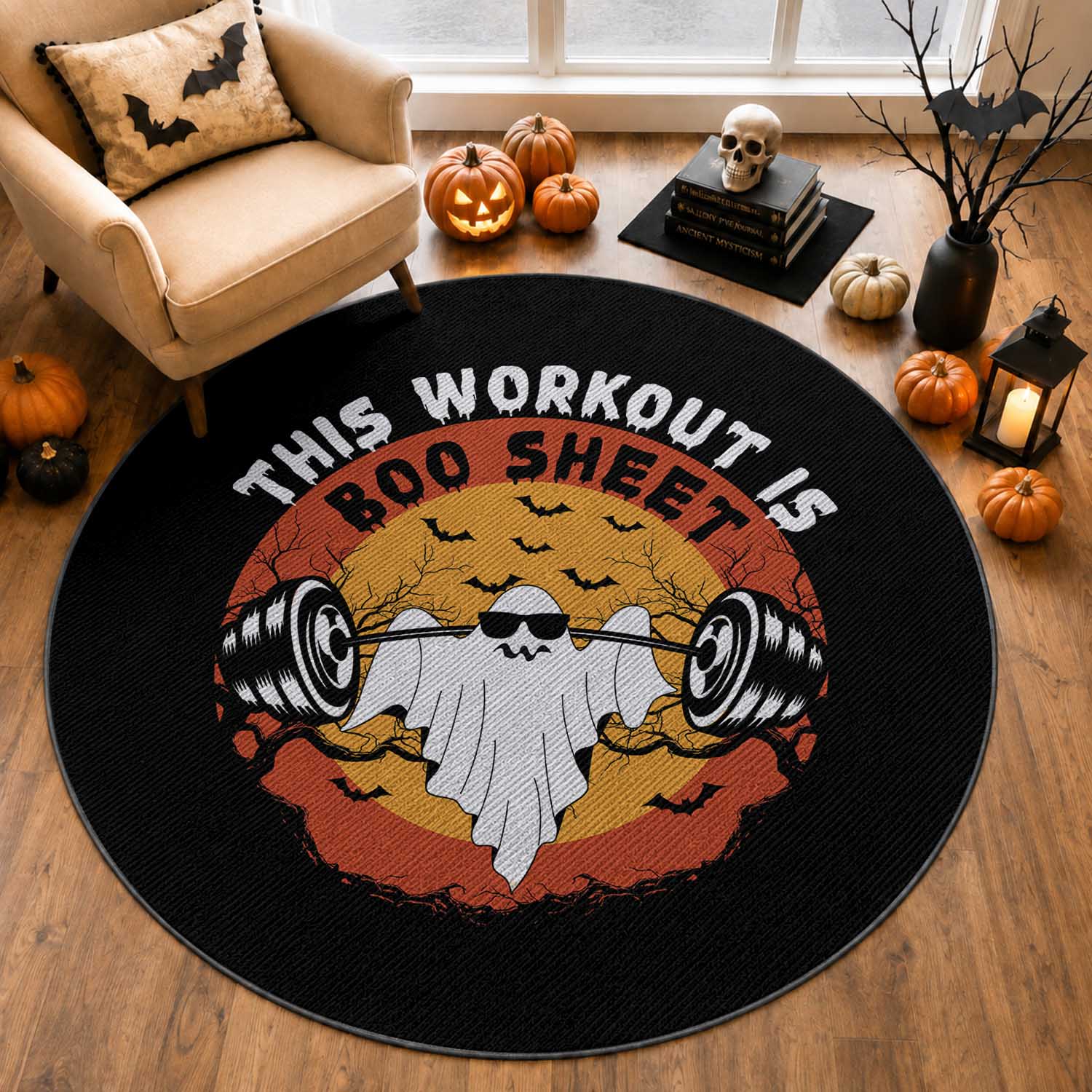 Funny Halloween Gym Fitness Round Rug This Workout Is Boo Sheet Ghost Humor