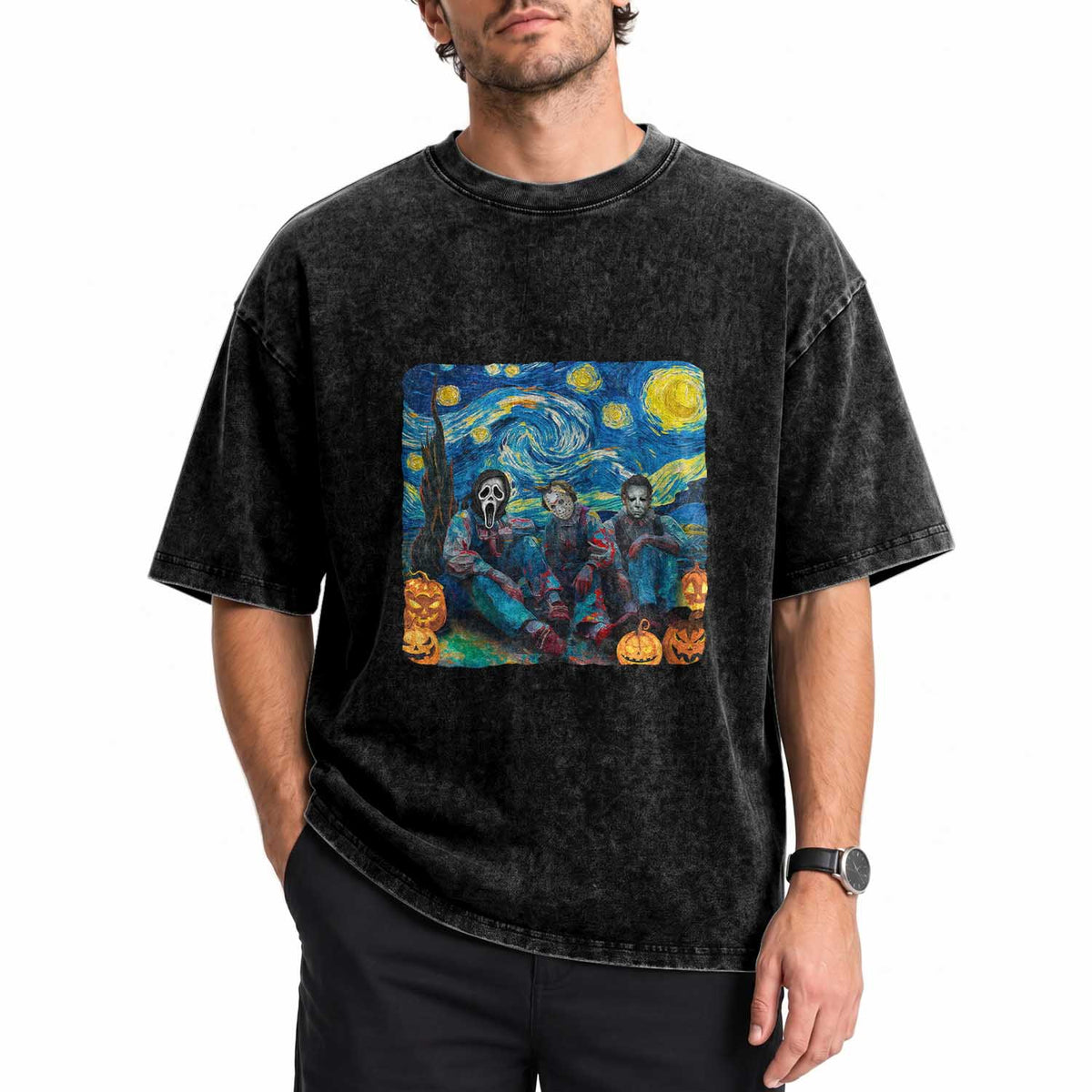 Halloween Washed Cotton T-Shirt Scary Murderers Starry Night Pumpkin Vincent Van Gogh