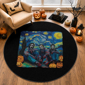 Halloween Round Rug Scary Murderers Starry Night Pumpkin Vincent Van Gogh