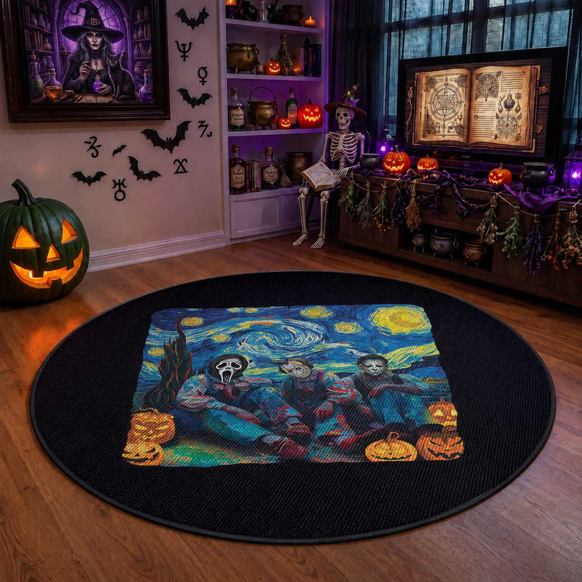 Halloween Round Rug Scary Murderers Starry Night Pumpkin Vincent Van Gogh