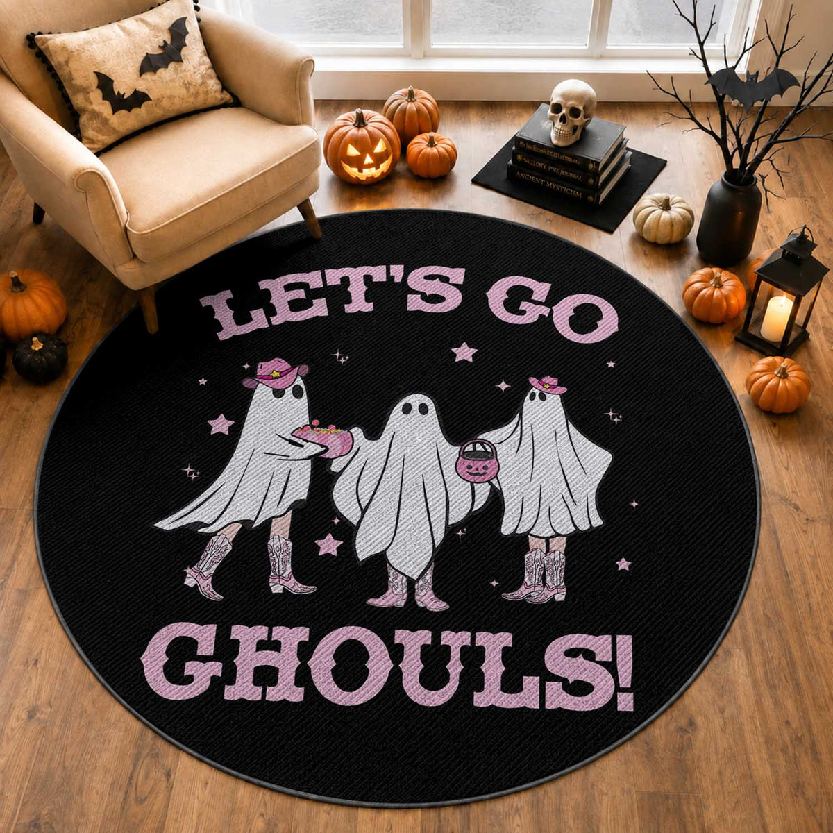 Funny Halloween Round Rug Let's Go Ghouls Cowgirl Western Ghost