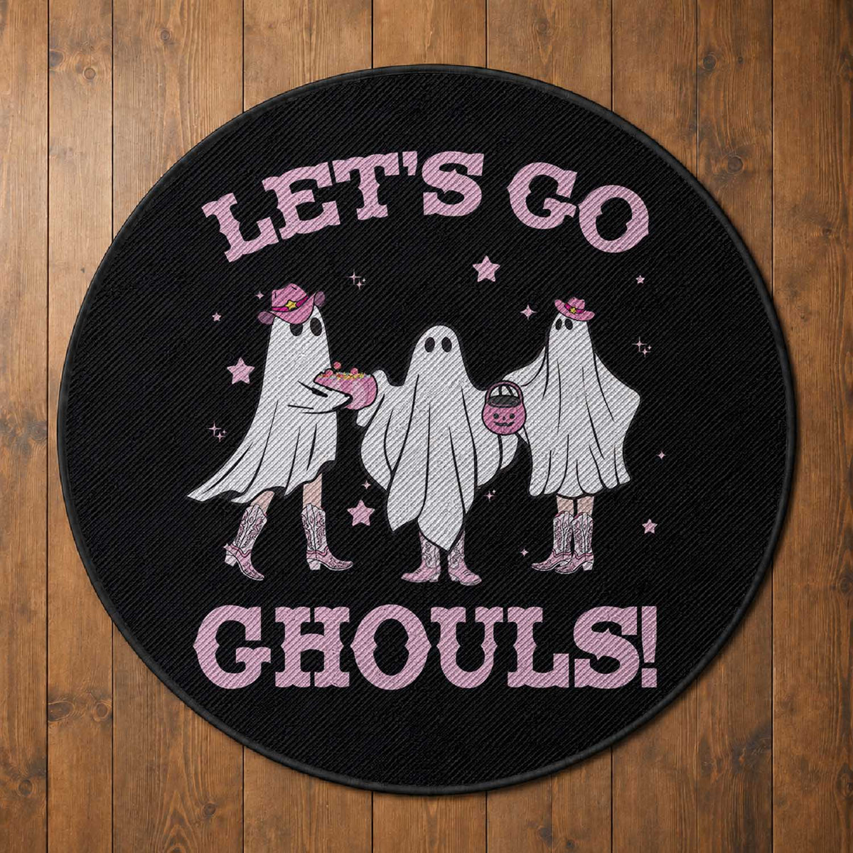 Funny Halloween Round Rug Let's Go Ghouls Cowgirl Western Ghost