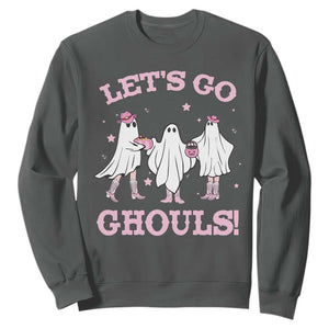 Funny Halloween Sweatshirt Let's Go Ghouls Cowgirl Western Ghost TS11 Dark Heather Print Your Wear