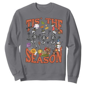 Funny HalloThankMas Sweatshirt Tis The Season Halloween Thanksgiving Christmas Skeleton TS11 Charcoal Print Your Wear