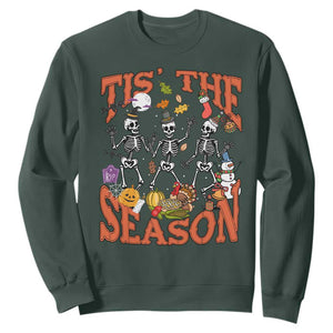 Funny HalloThankMas Sweatshirt Tis The Season Halloween Thanksgiving Christmas Skeleton TS11 Dark Forest Green Print Your Wear