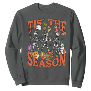 Funny HalloThankMas Sweatshirt Tis The Season Halloween Thanksgiving Christmas Skeleton TS11 Dark Heather Print Your Wear